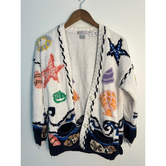 Raphels Sweaters - VTG Raphels Hand Knit Nautical Coastal Cardigan Sweater White Ocean LG